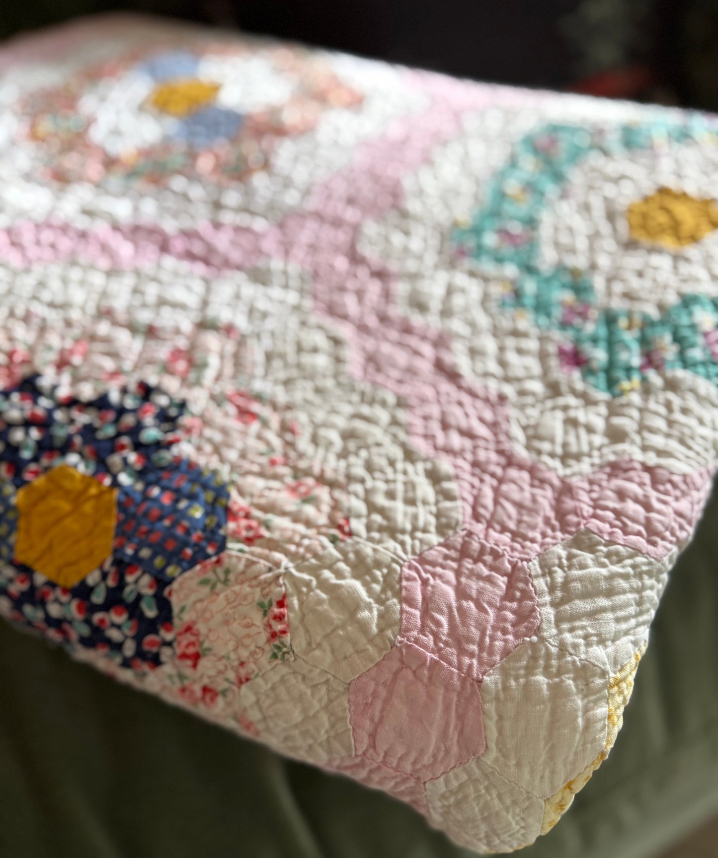 Vintage Pink Grandmother's Flower Garden Quilt
