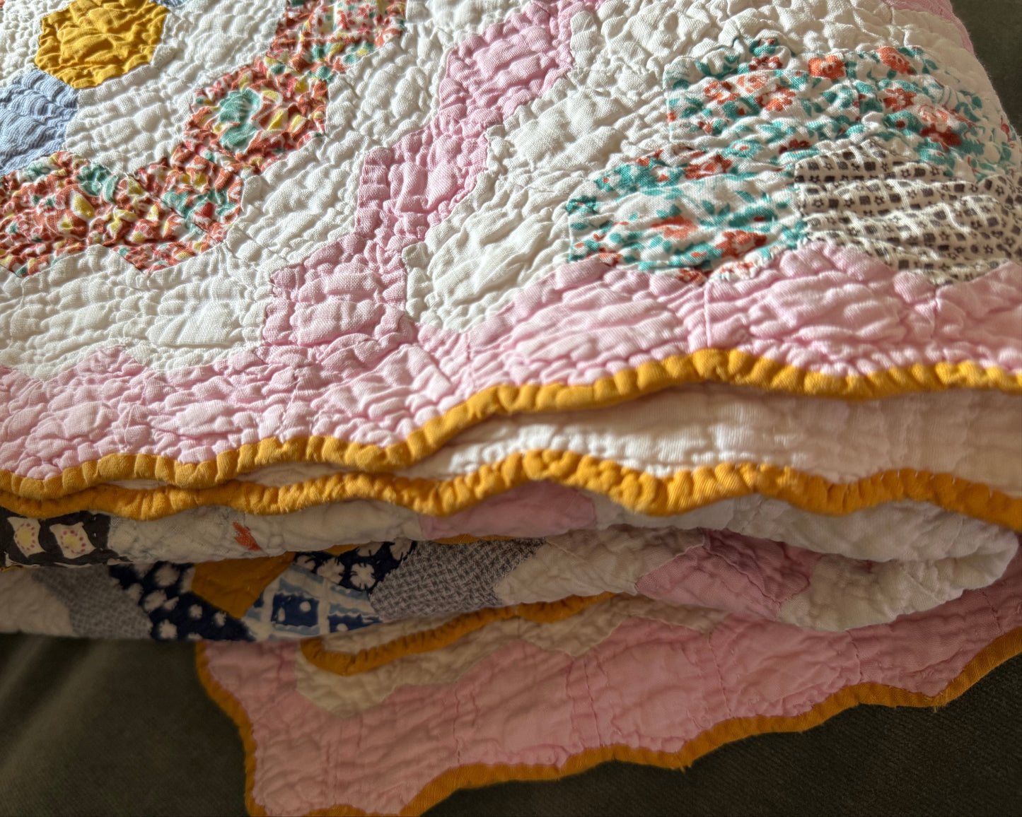Vintage Pink Grandmother's Flower Garden Quilt