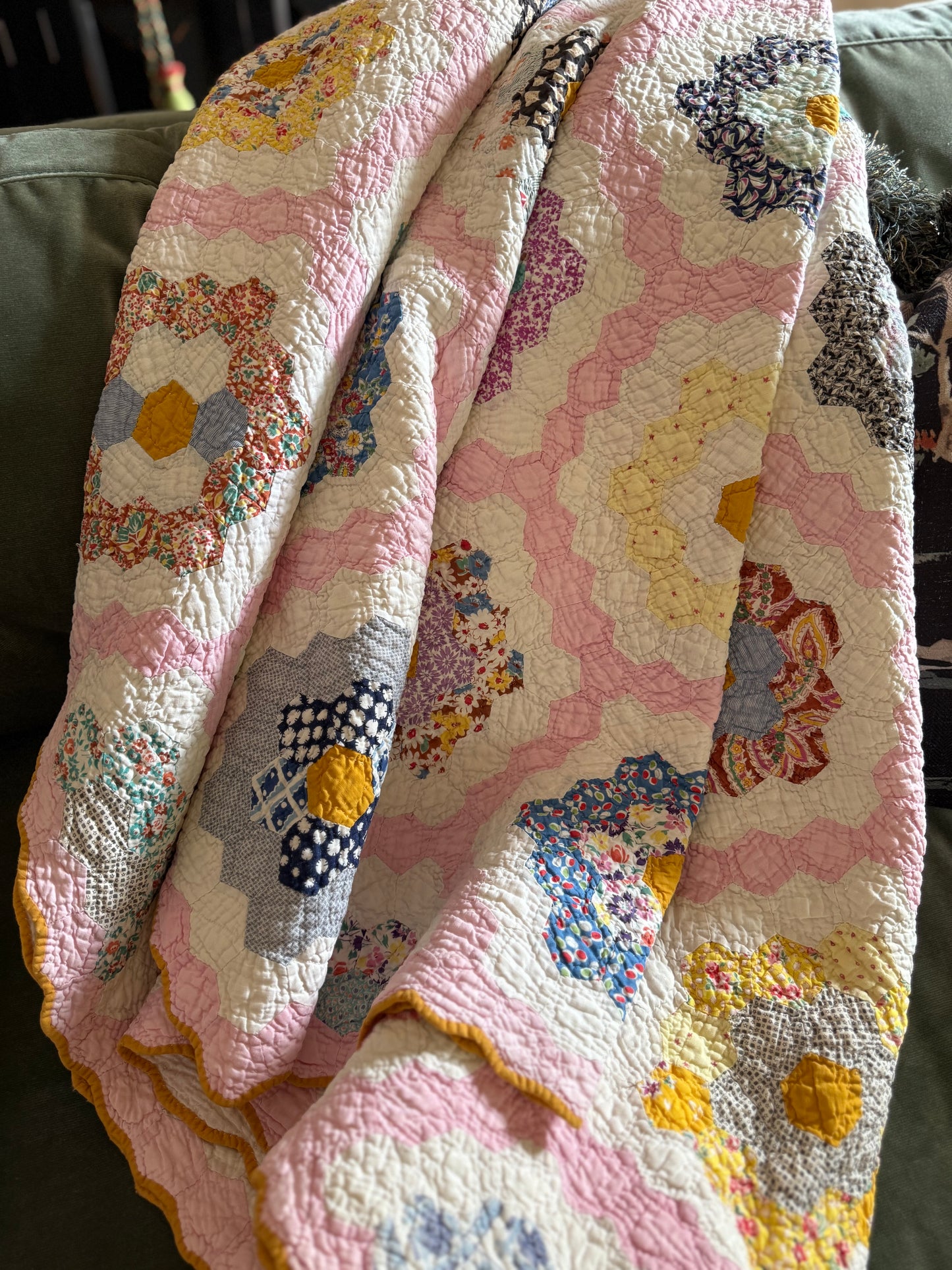 Vintage Pink Grandmother's Flower Garden Quilt