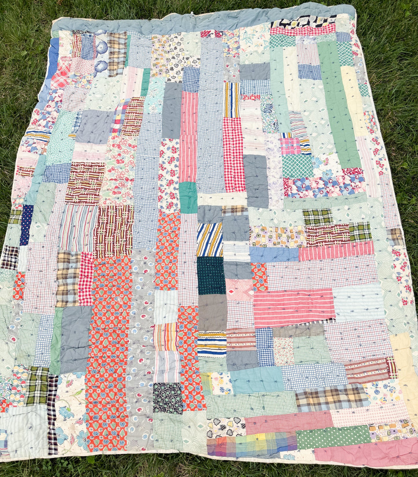 Vintage Scrappy Rectangles Hand Tied Cutter Quilt