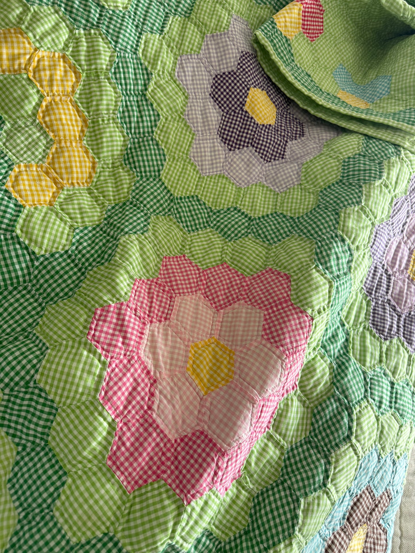 Gingham Grandmother's Flower Garden Quilt