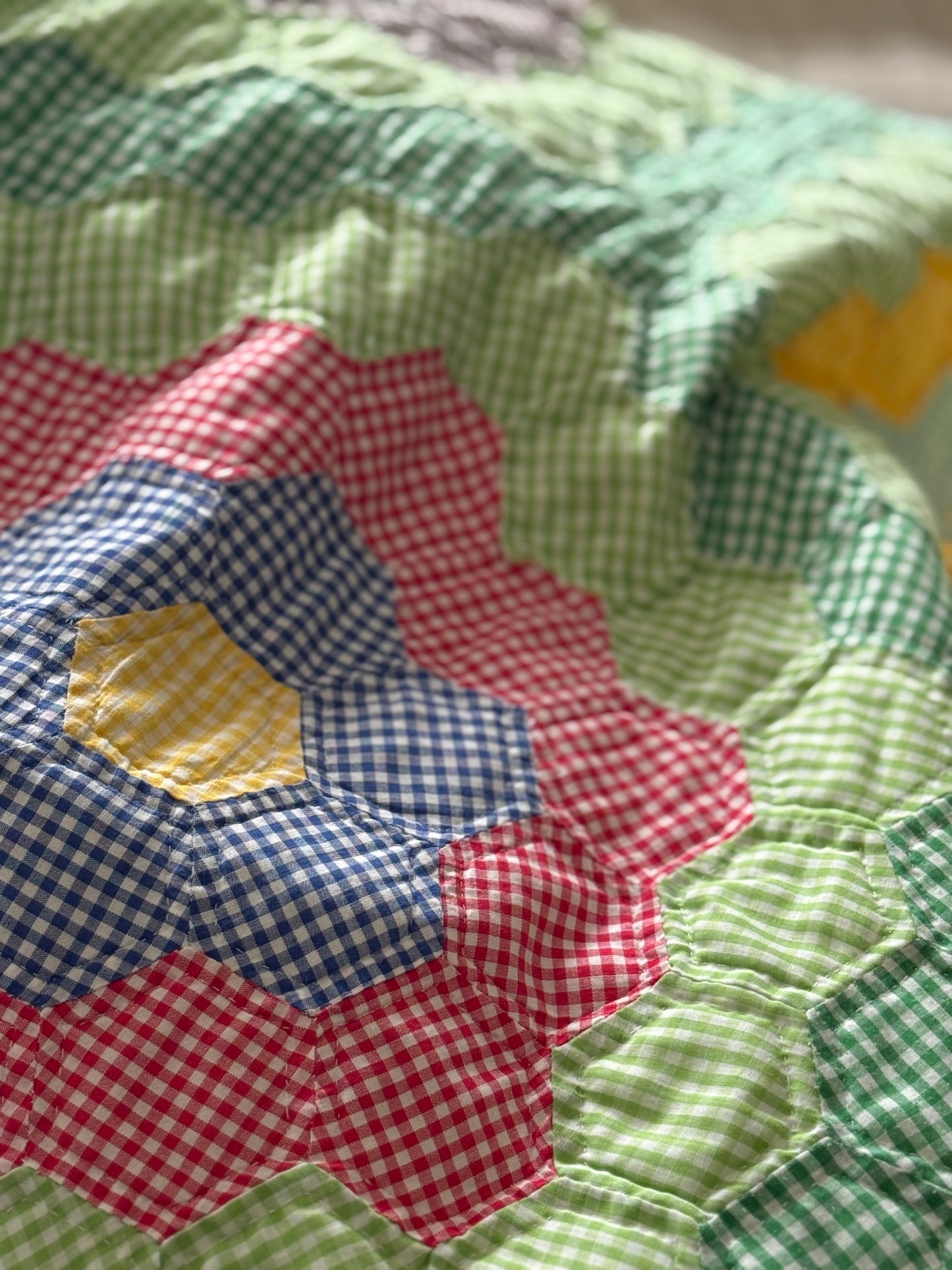 Gingham Grandmother's Flower Garden Quilt