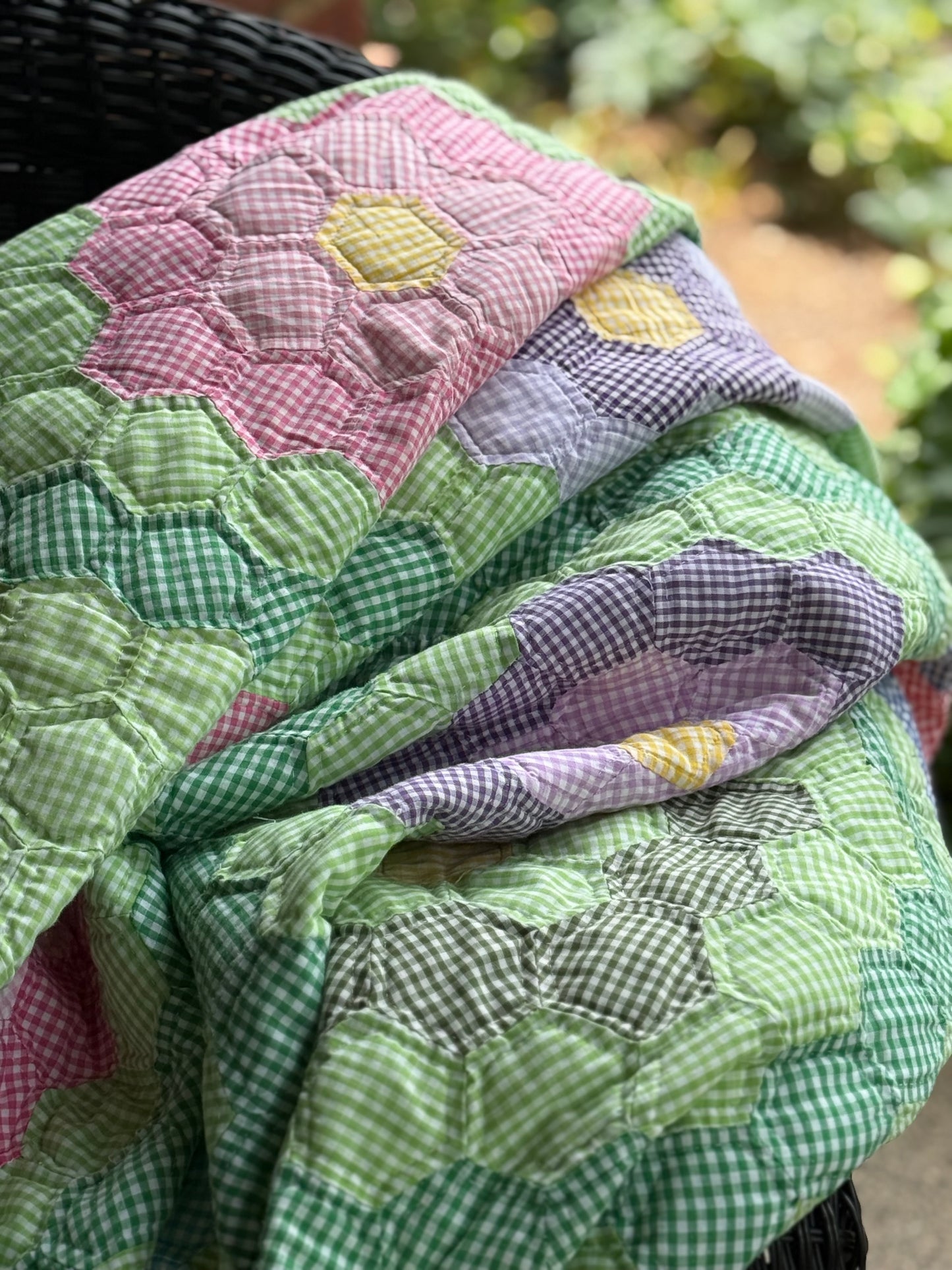 Gingham Grandmother's Flower Garden Quilt