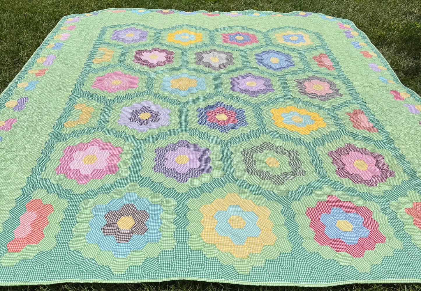 Gingham Grandmother's Flower Garden Quilt