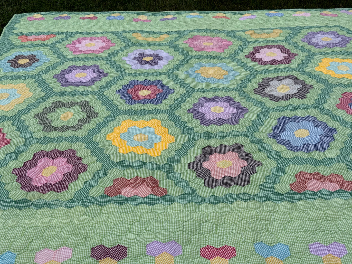 Gingham Grandmother's Flower Garden Quilt
