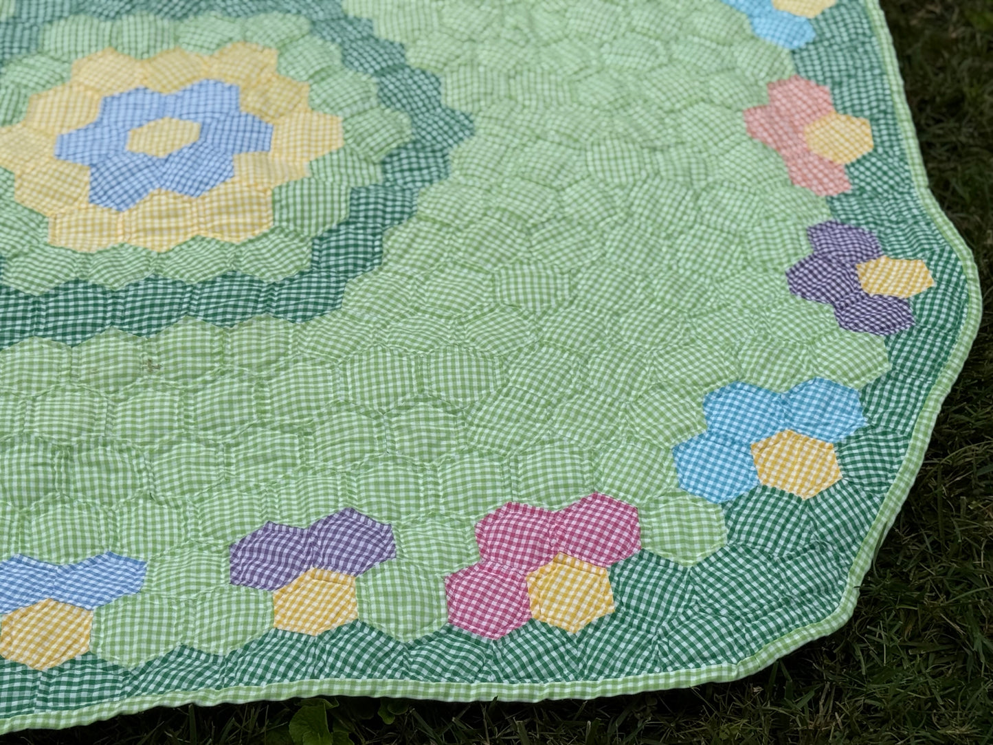 Gingham Grandmother's Flower Garden Quilt
