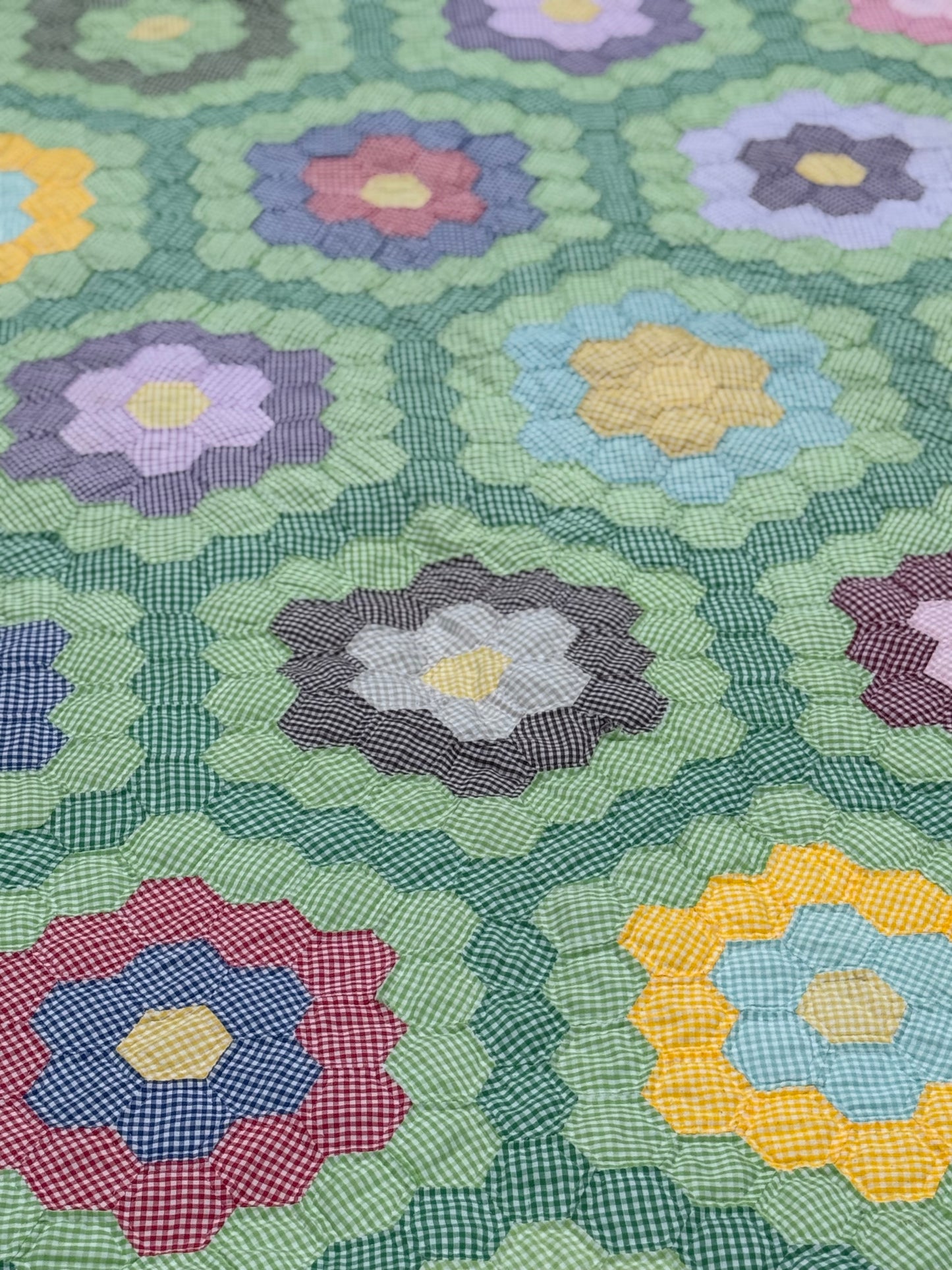 Gingham Grandmother's Flower Garden Quilt