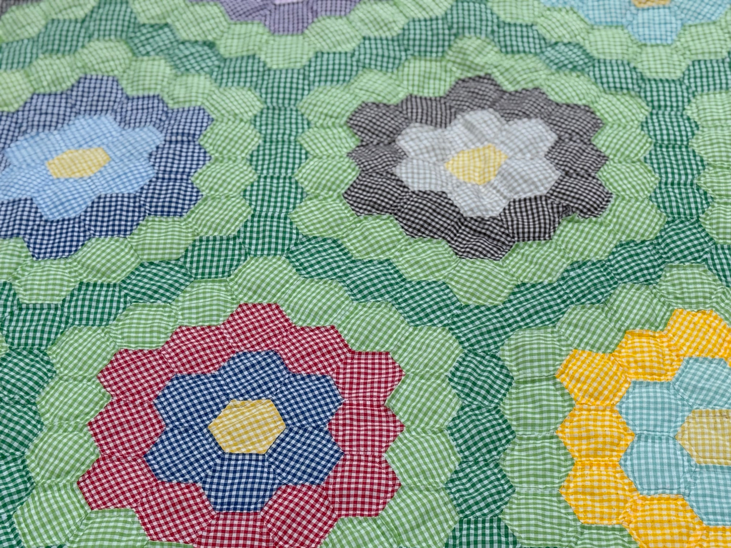 Gingham Grandmother's Flower Garden Quilt