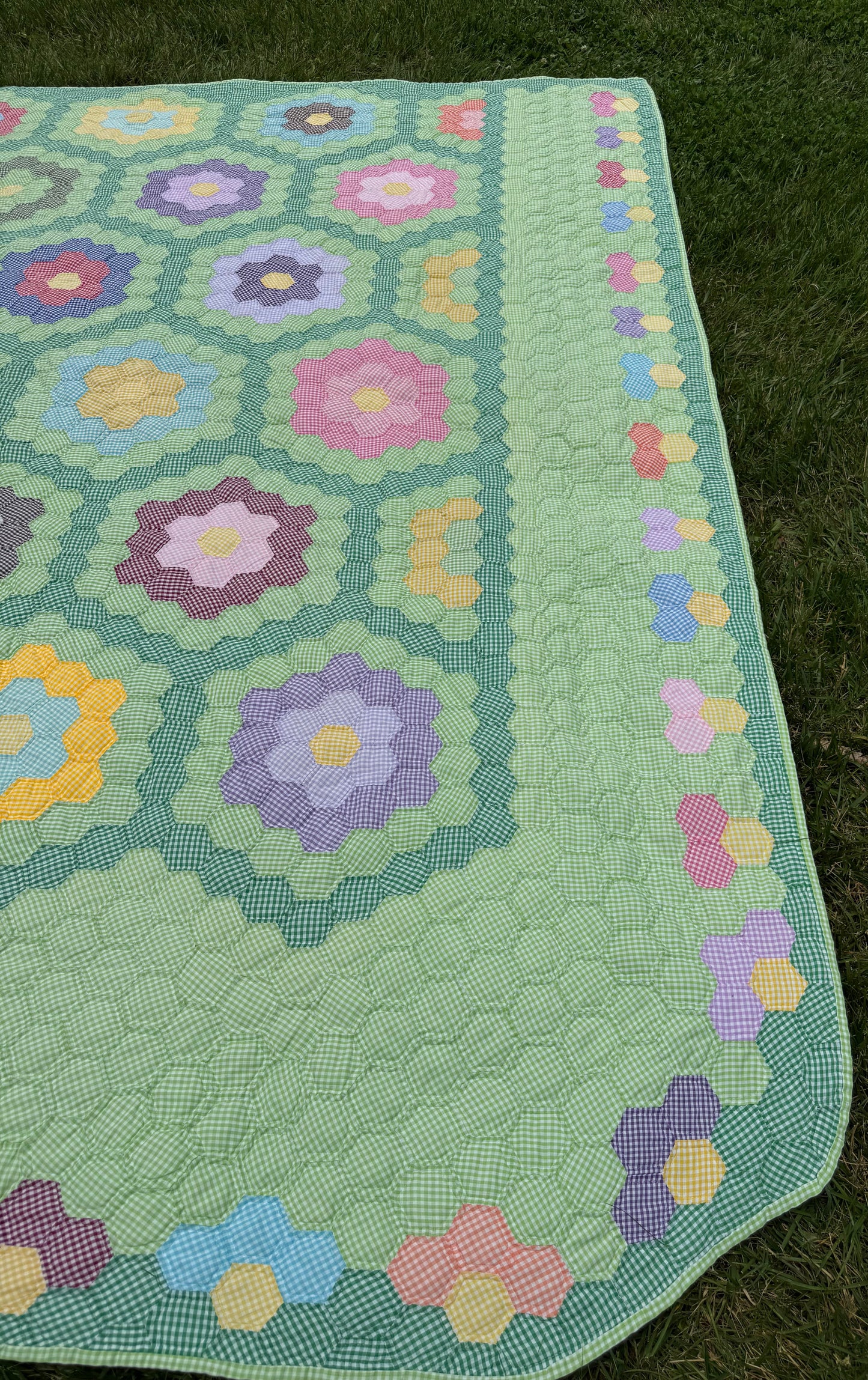 Gingham Grandmother's Flower Garden Quilt