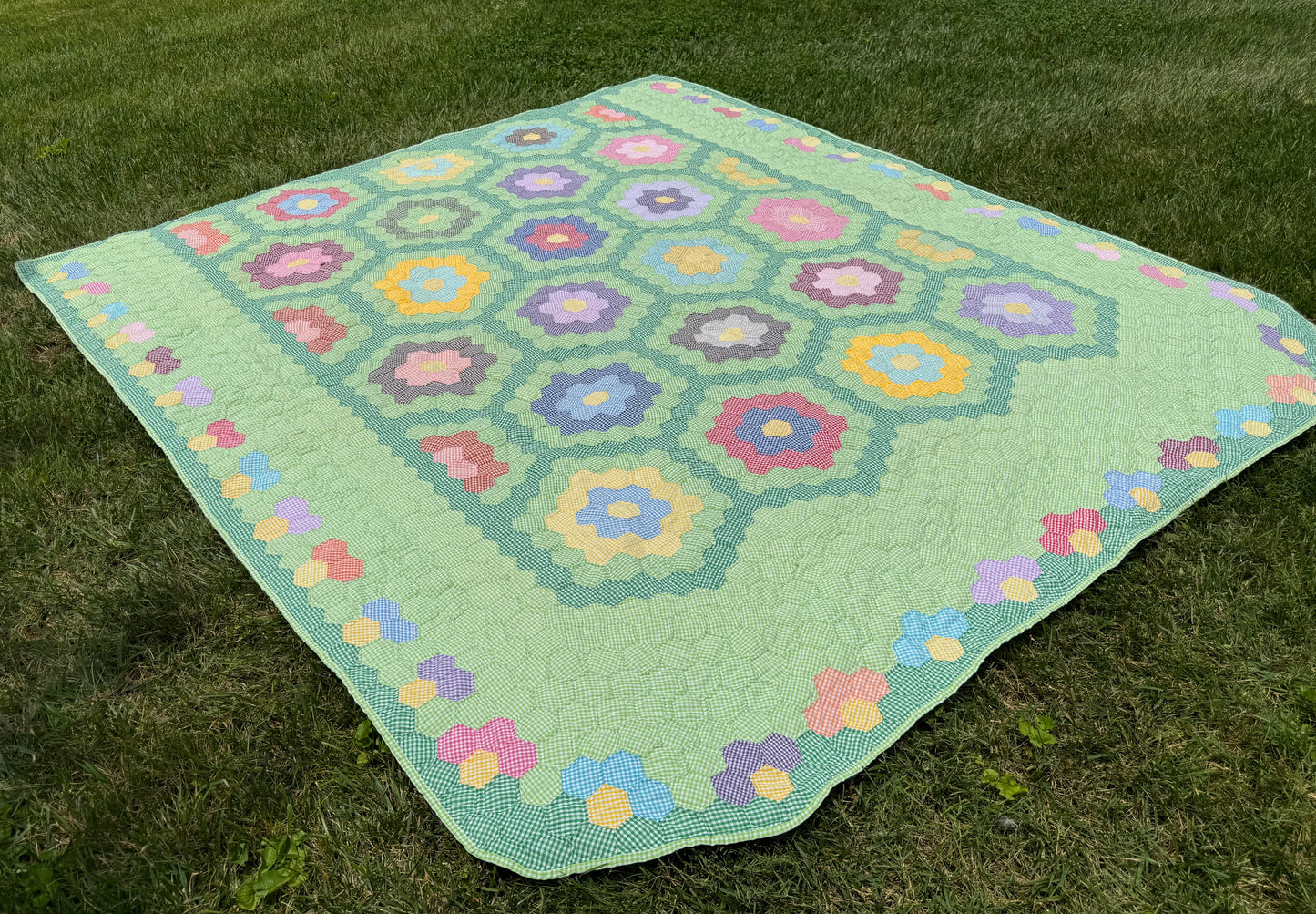 Gingham Grandmother's Flower Garden Quilt
