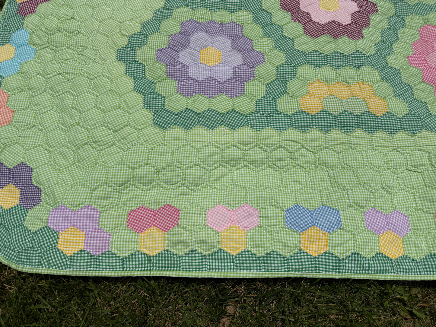Gingham Grandmother's Flower Garden Quilt