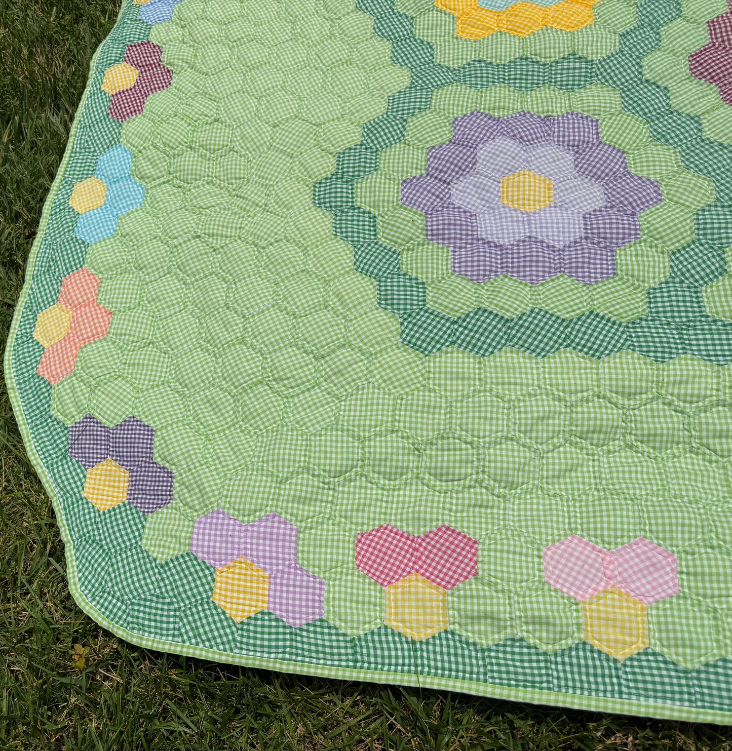 Gingham Grandmother's Flower Garden Quilt
