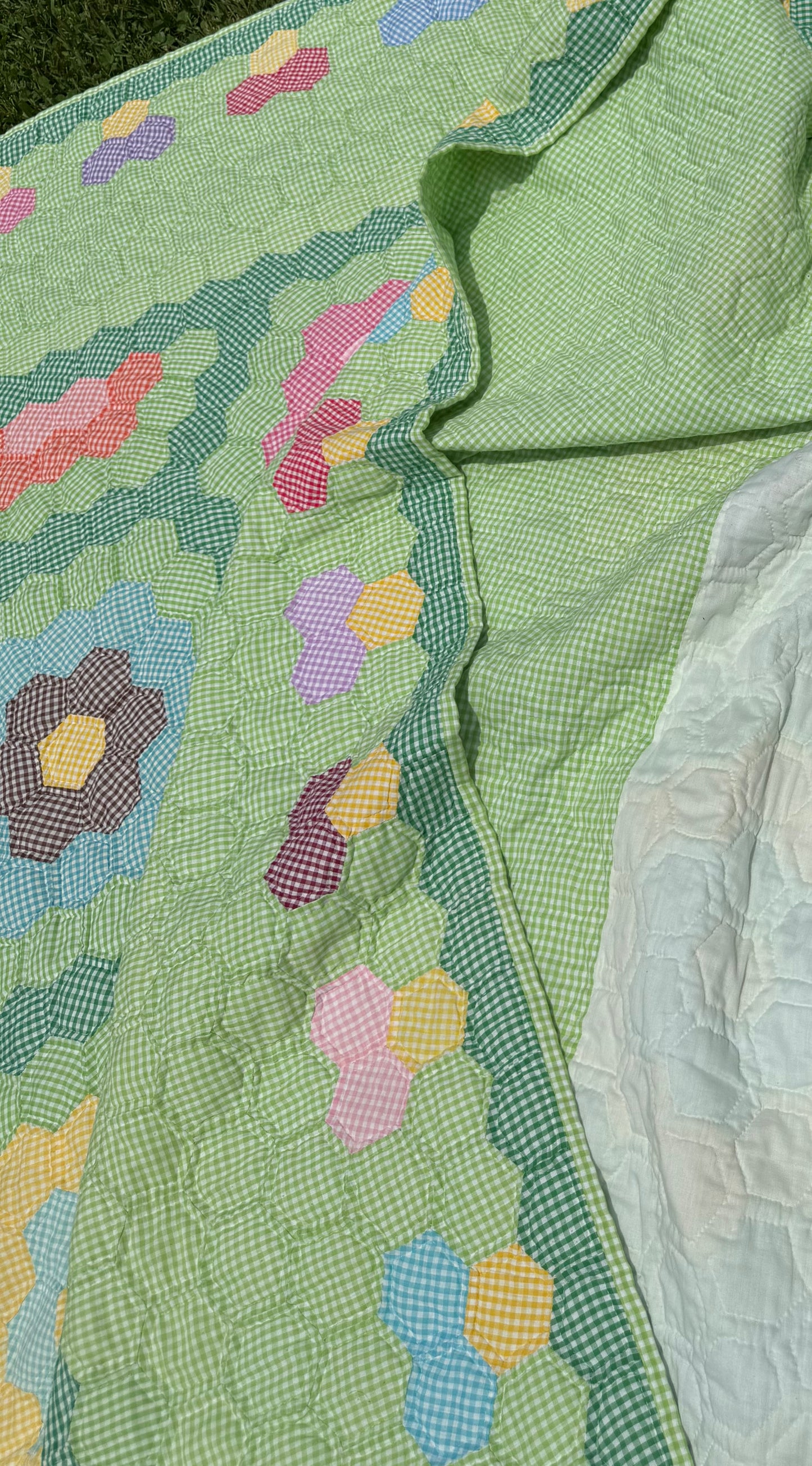 Gingham Grandmother's Flower Garden Quilt
