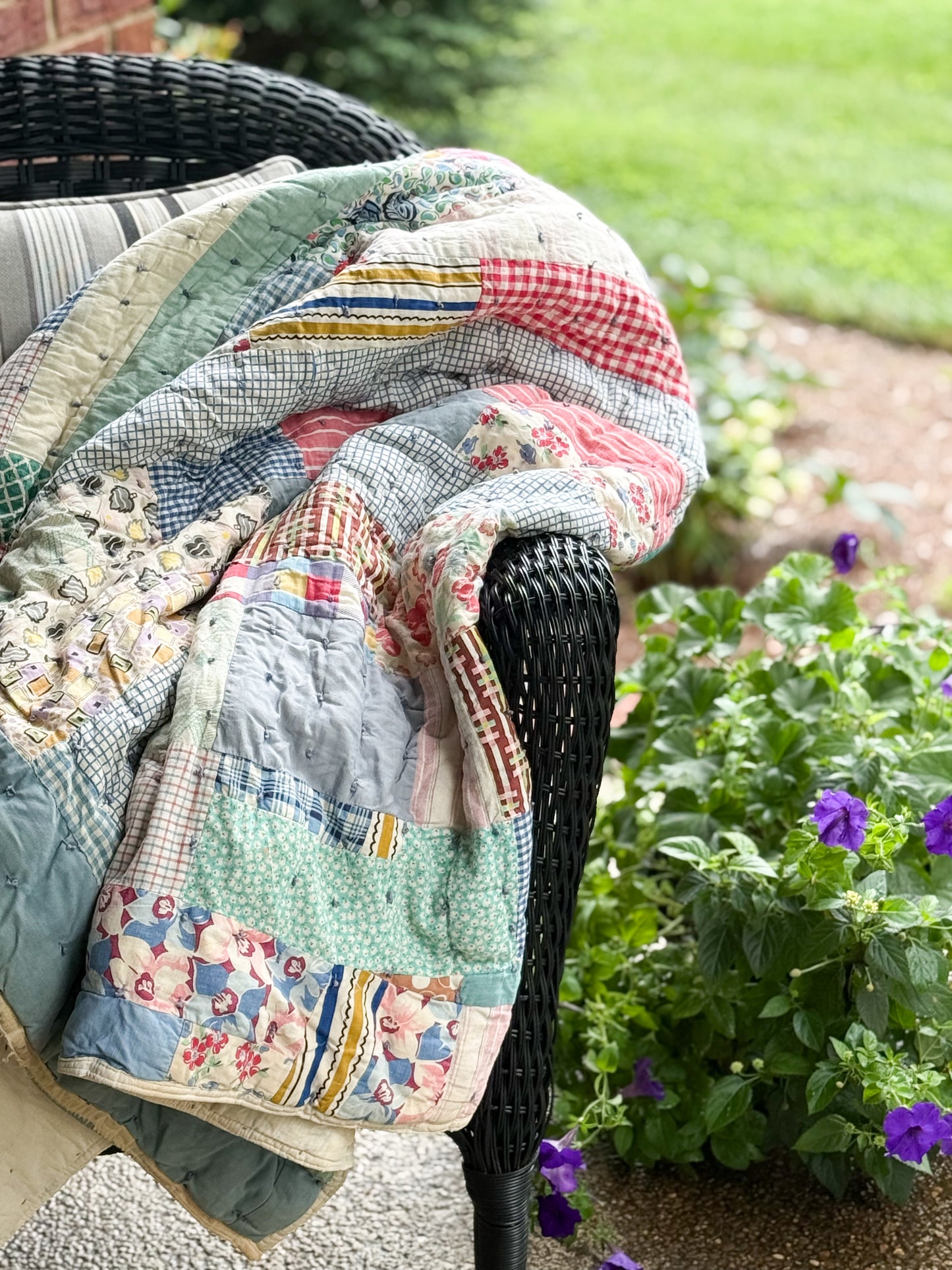 Vintage Scrappy Rectangles Hand Tied Cutter Quilt