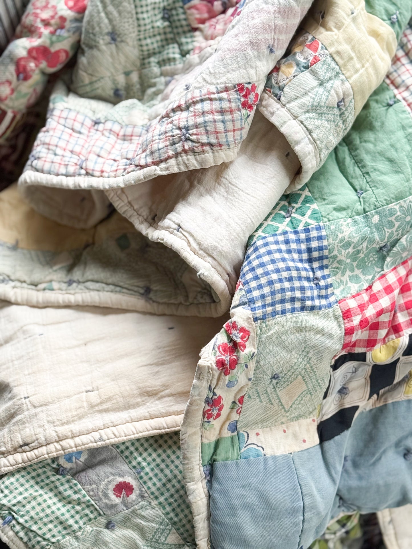 Vintage Scrappy Rectangles Hand Tied Cutter Quilt