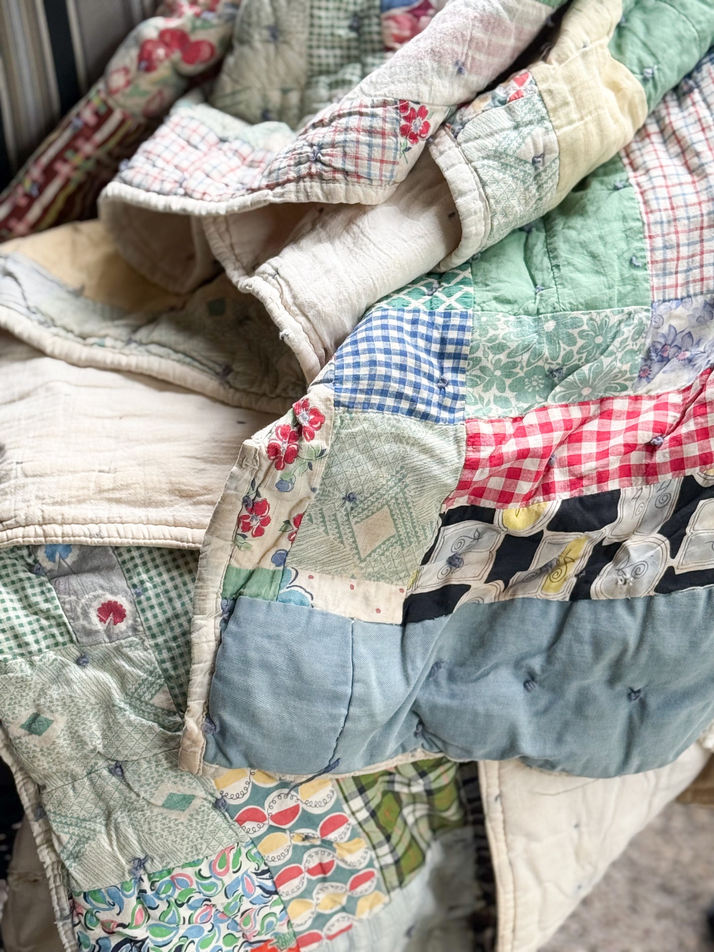 Vintage Scrappy Rectangles Hand Tied Cutter Quilt