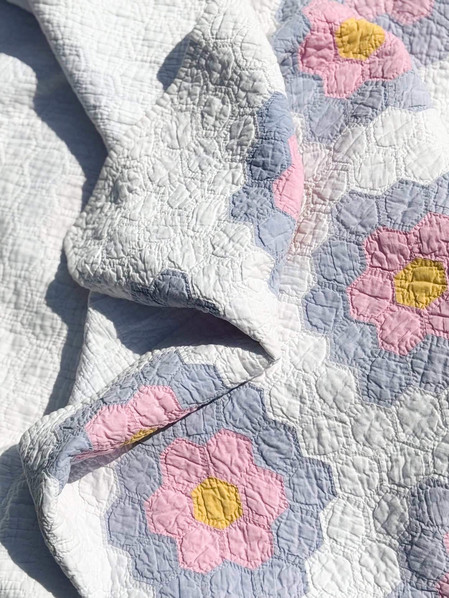 Vintage Pink and Purple Grandmother's Flower Garden Quilt