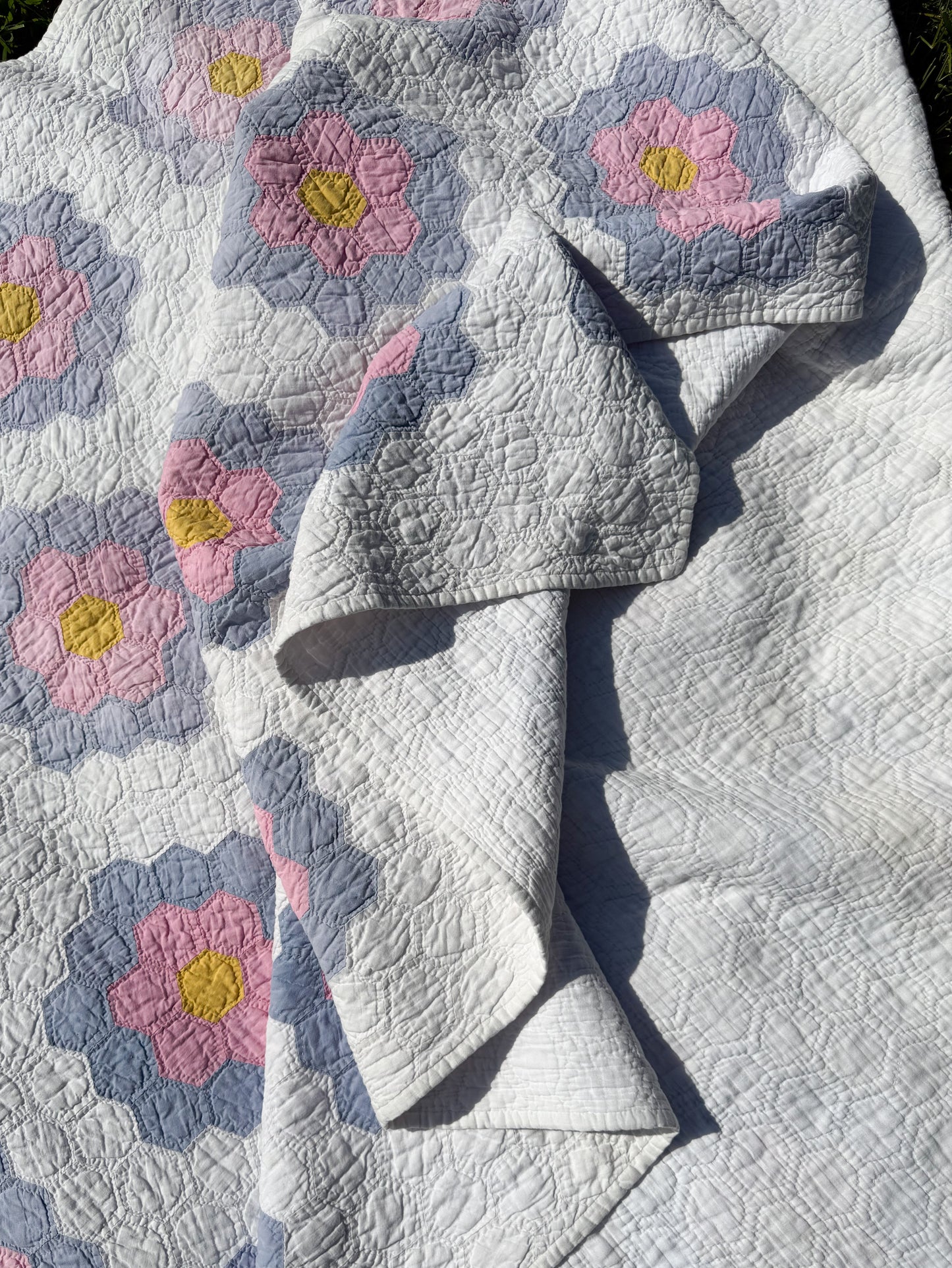Vintage Pink and Purple Grandmother's Flower Garden Quilt