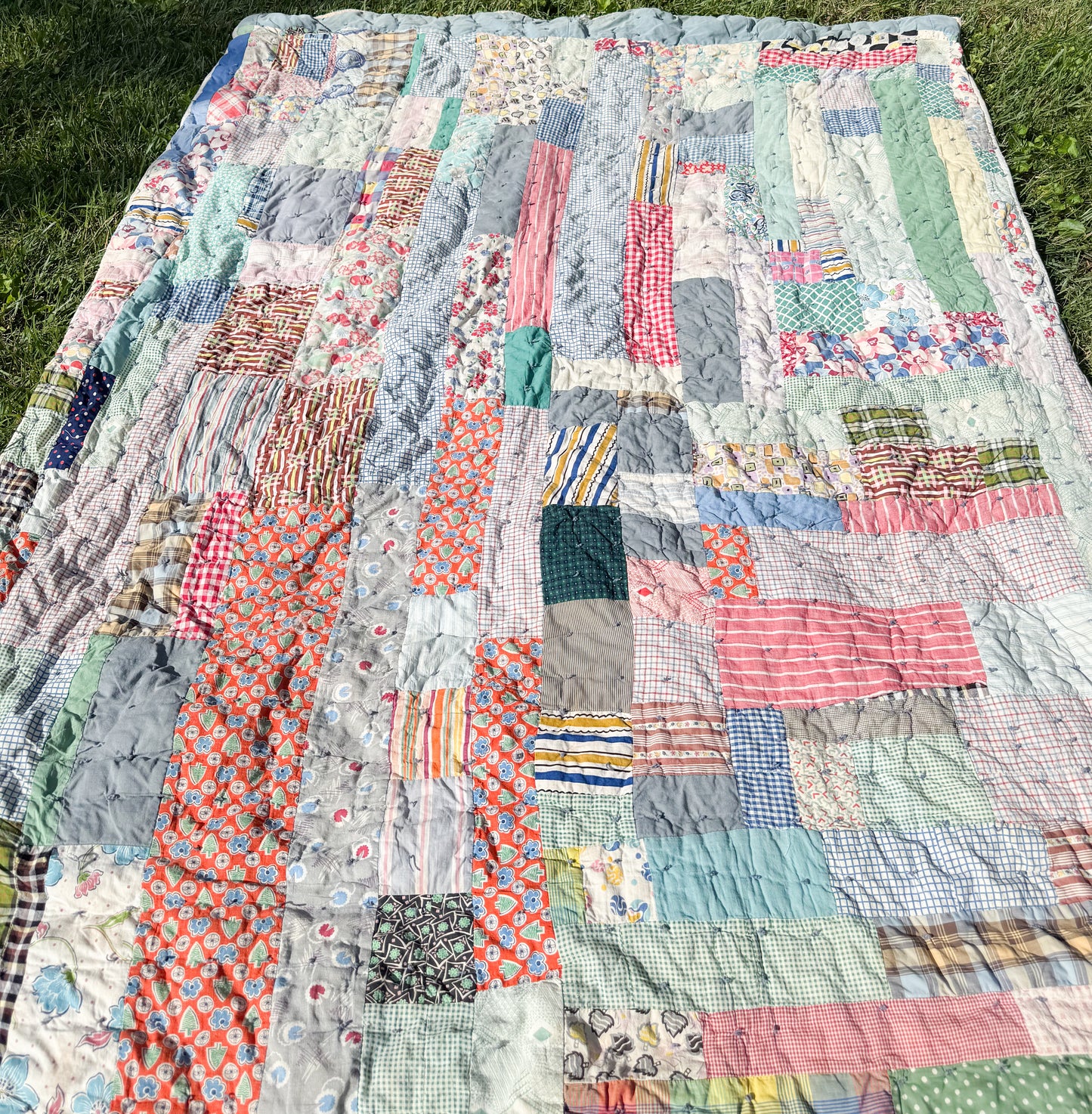 Vintage Scrappy Rectangles Hand Tied Cutter Quilt