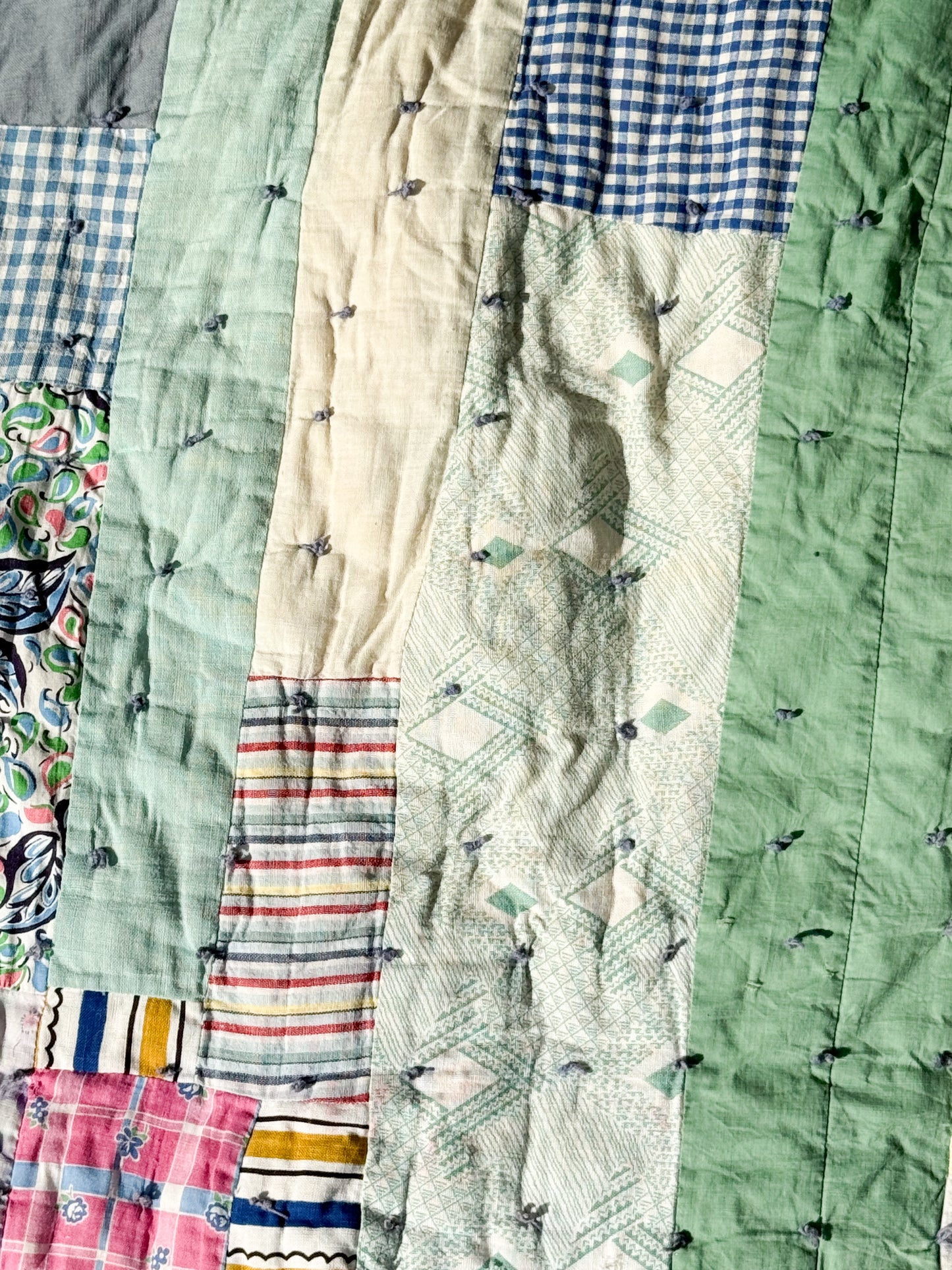 Vintage Scrappy Rectangles Hand Tied Cutter Quilt