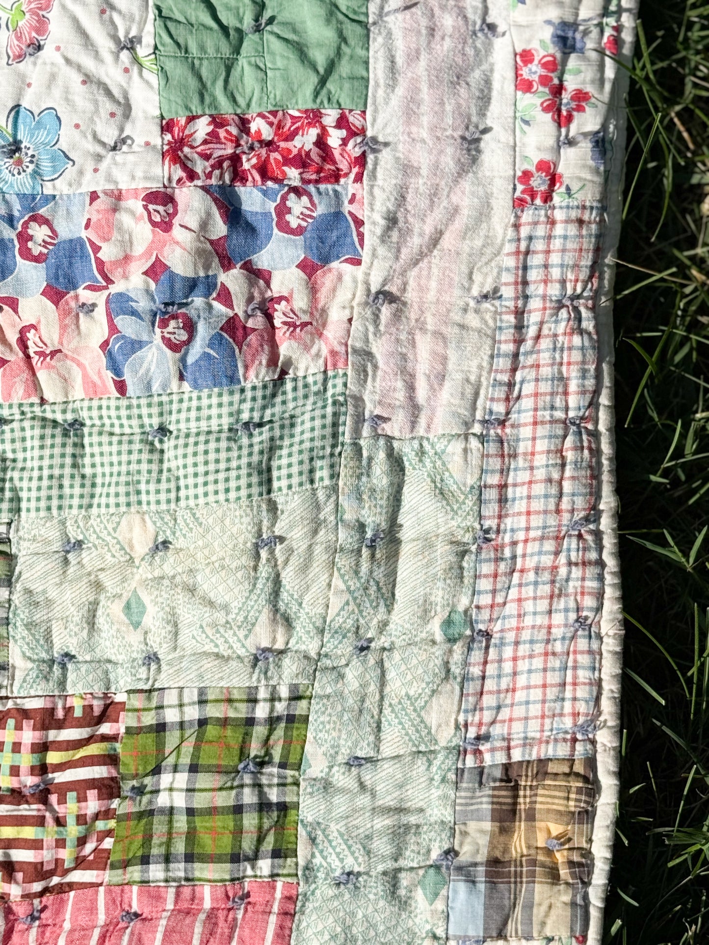 Vintage Scrappy Rectangles Hand Tied Cutter Quilt