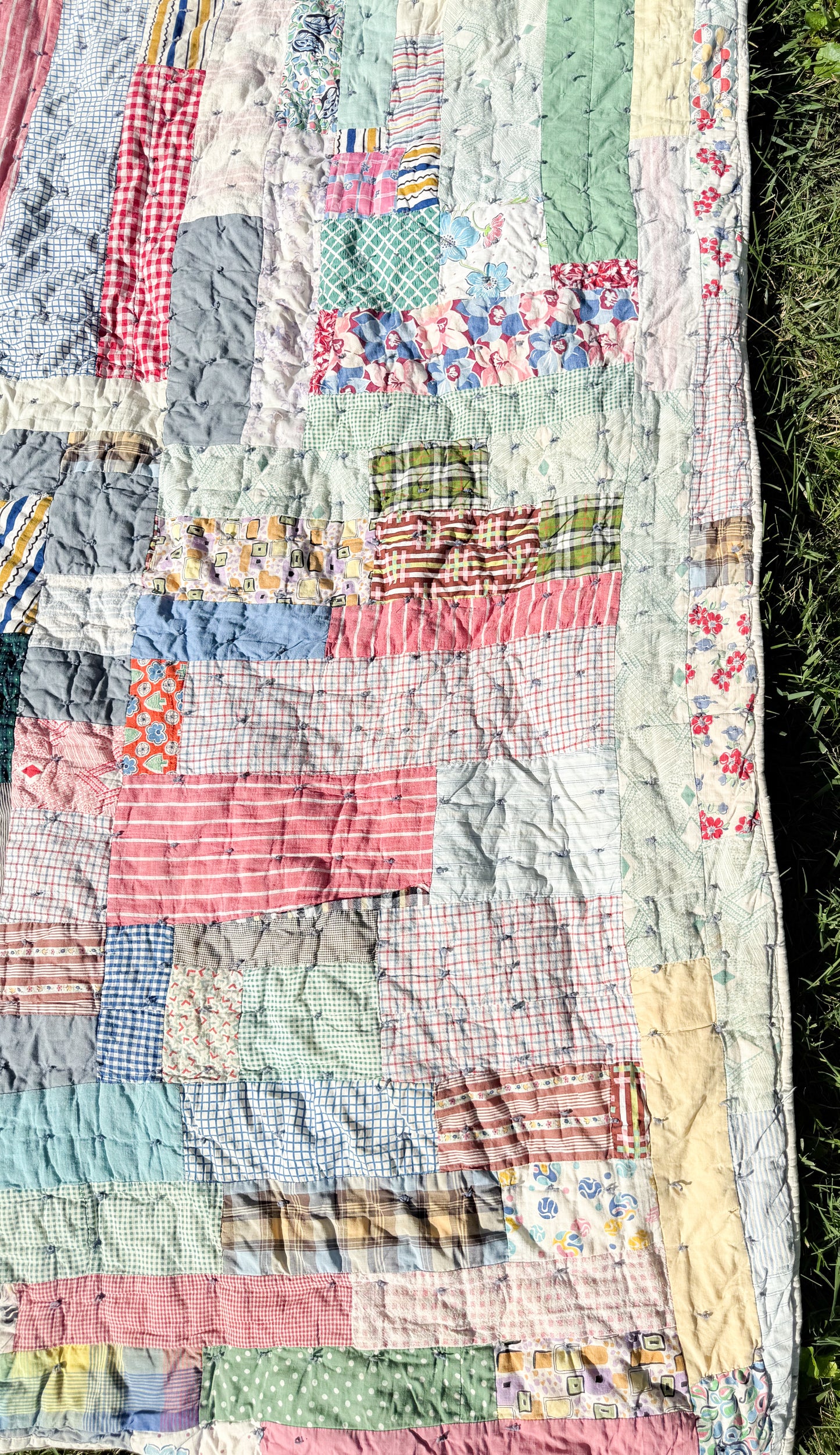 Vintage Scrappy Rectangles Hand Tied Cutter Quilt