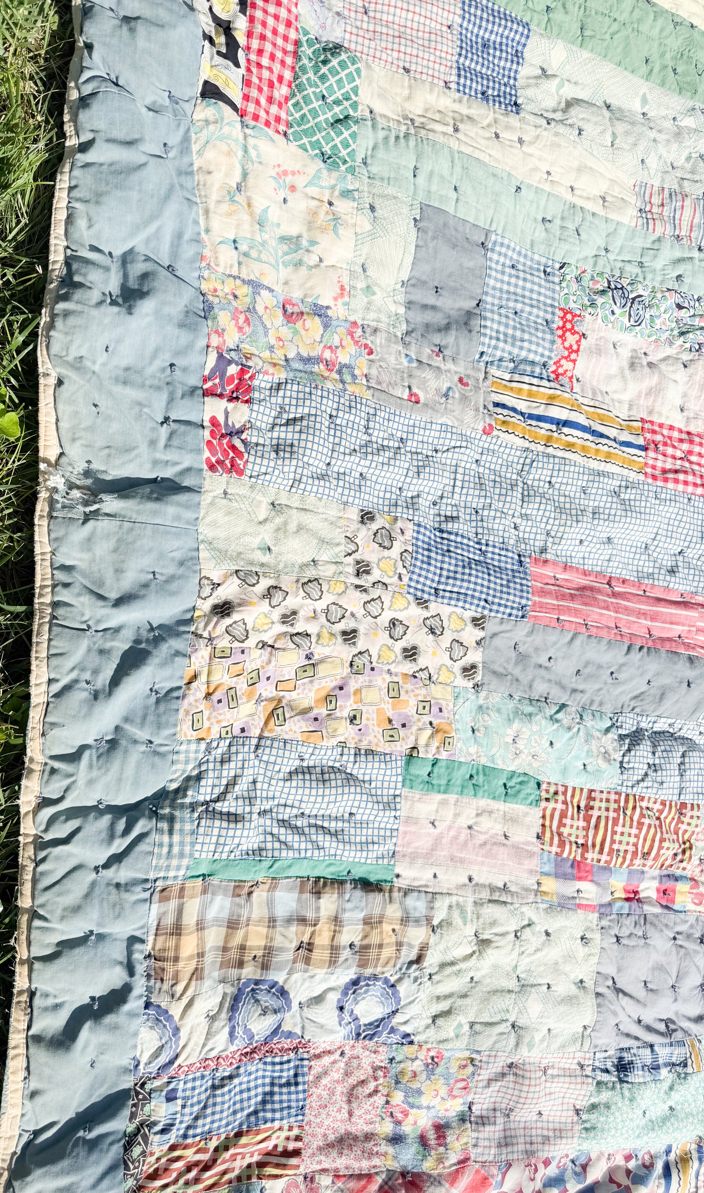 Vintage Scrappy Rectangles Hand Tied Cutter Quilt