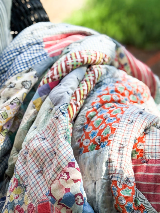 Vintage Scrappy Rectangles Hand Tied Cutter Quilt