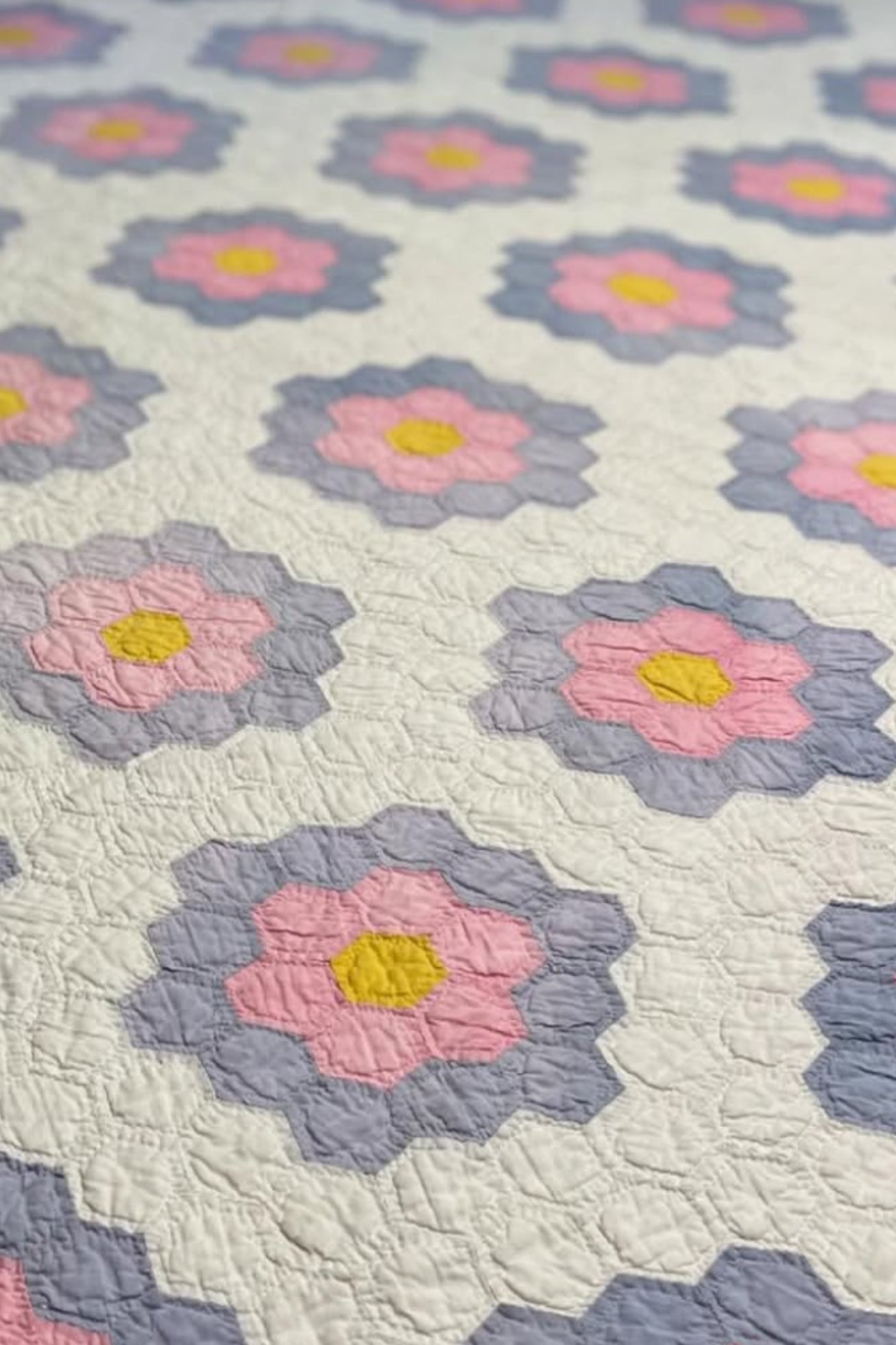Vintage Pink and Purple Grandmother's Flower Garden Quilt