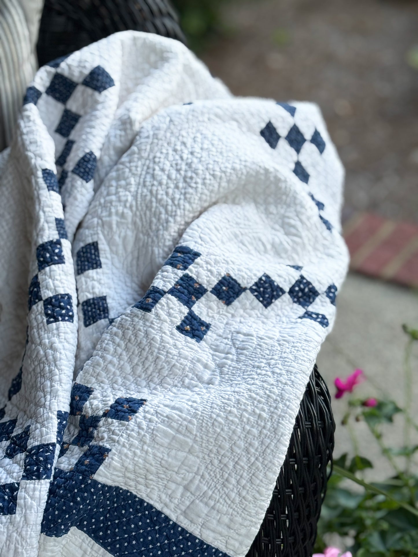 Antique Blue and White Double Nine Patch Quilt