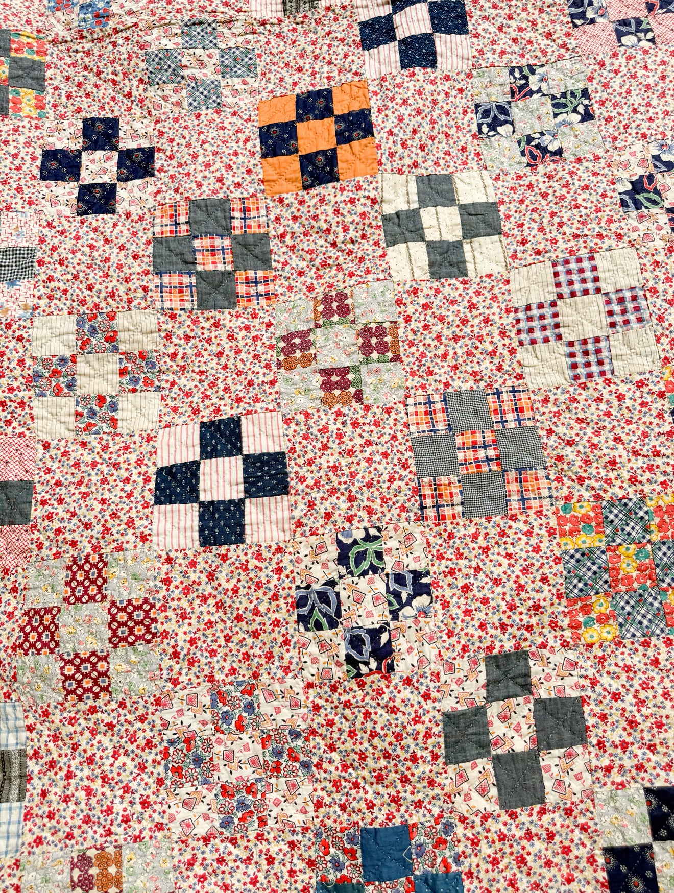 Vintage Red Floral Background Nine Patch Quilt