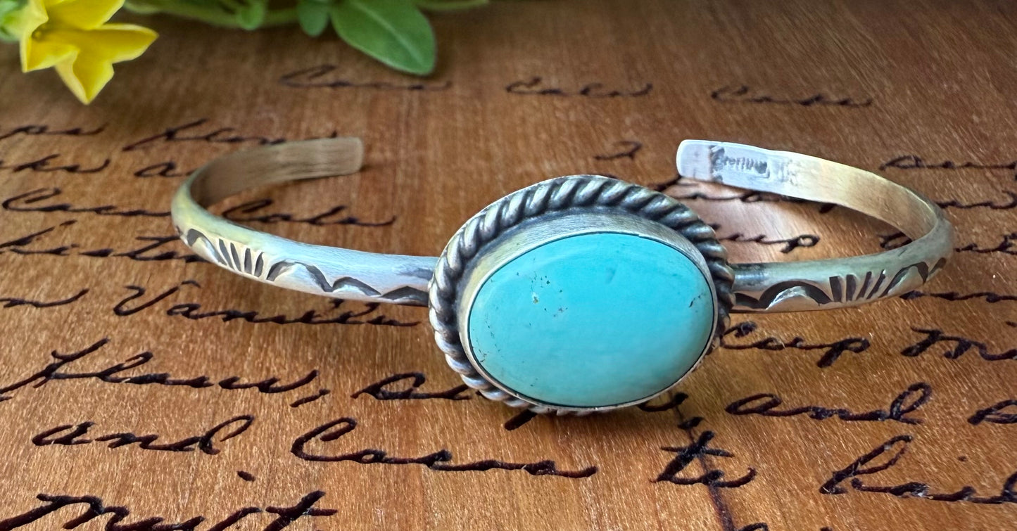 Sterling Turquoise Artisan Stamped Bracelet Cuff