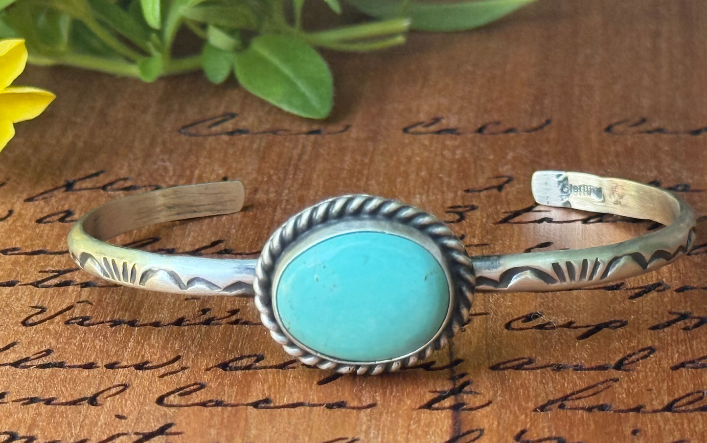 Sterling Turquoise Artisan Stamped Bracelet Cuff
