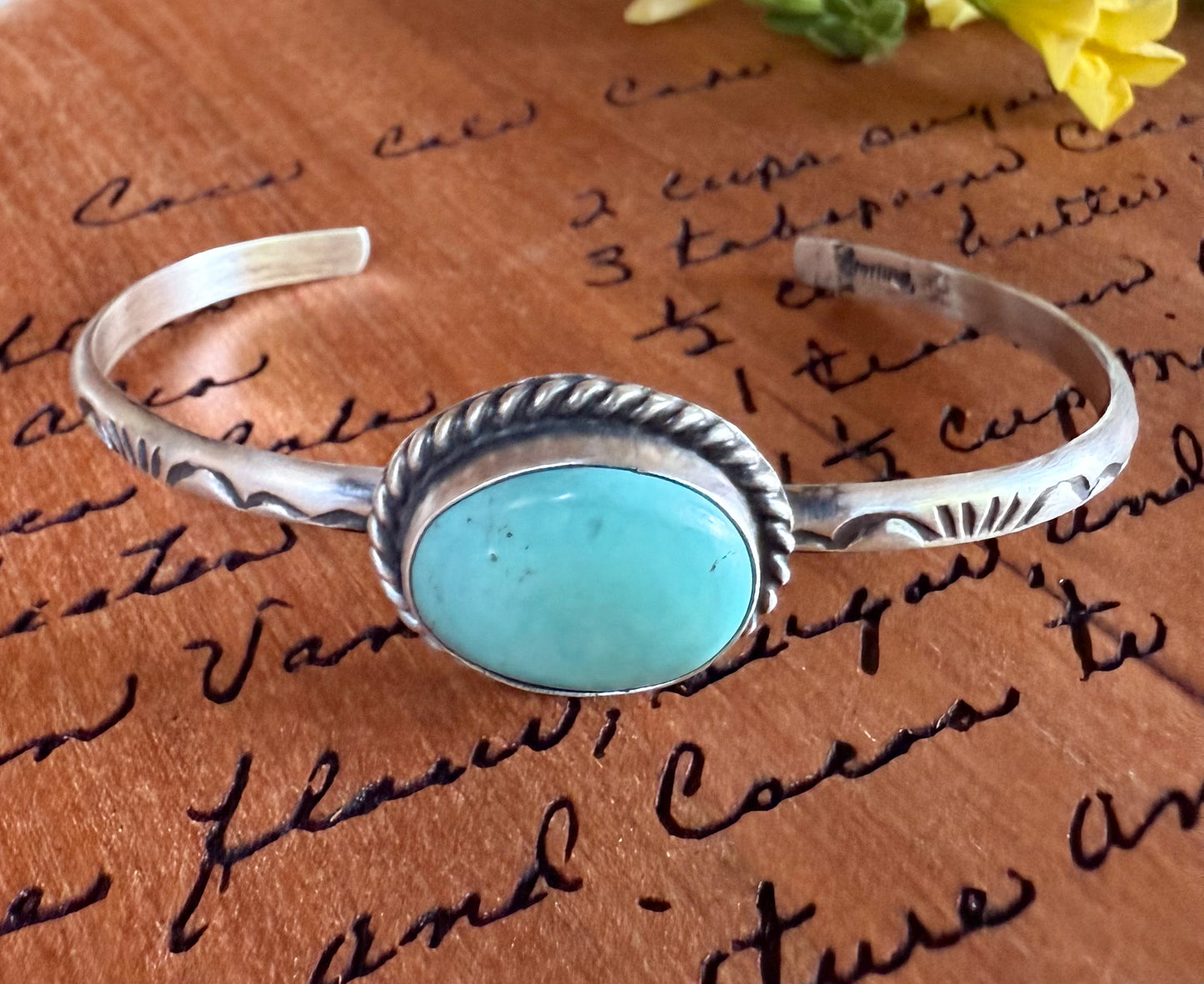 Sterling Turquoise Artisan Stamped Bracelet Cuff