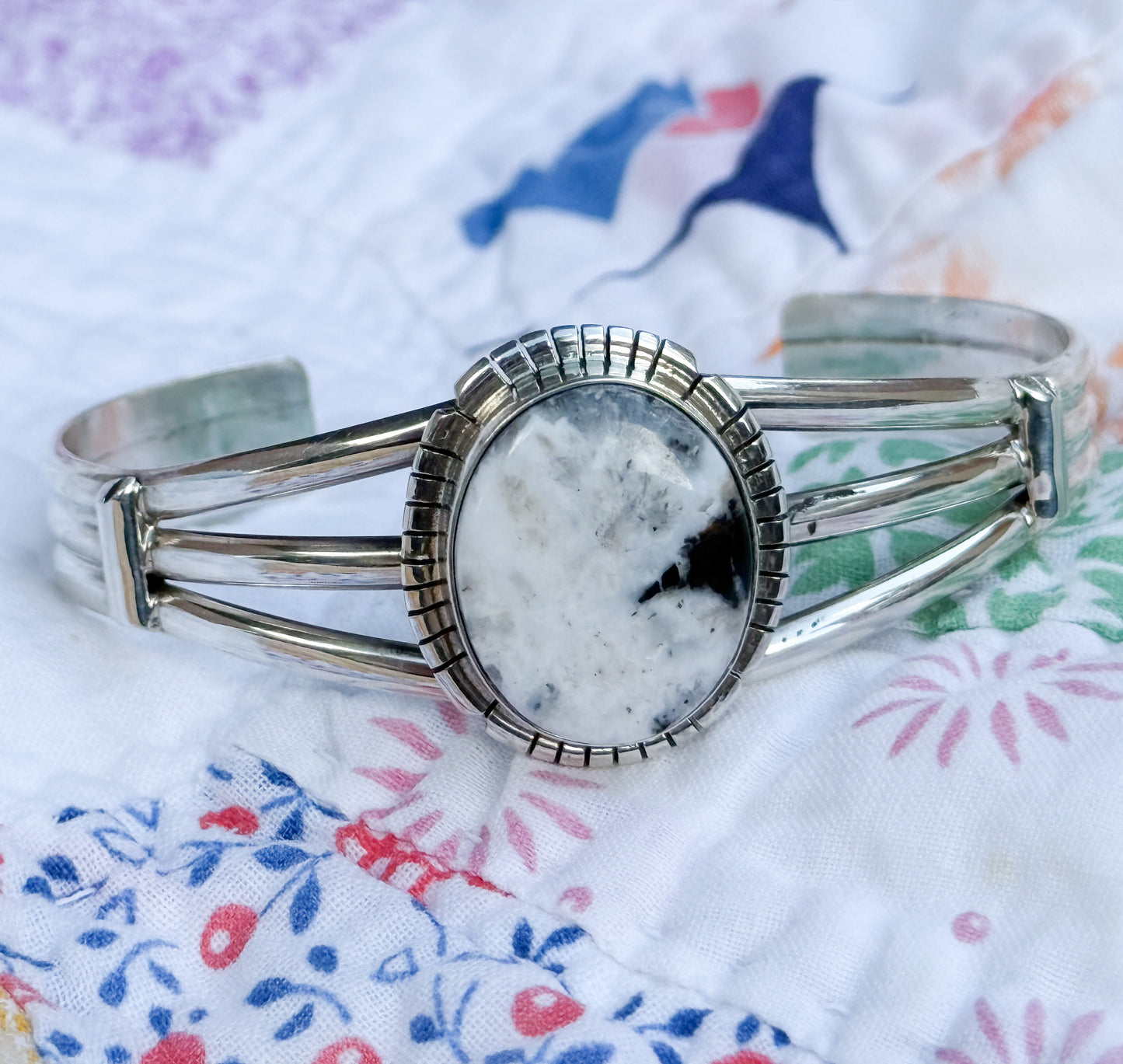 Sterling Silver Artisan White Buffalo Stone Bracelet Cuff