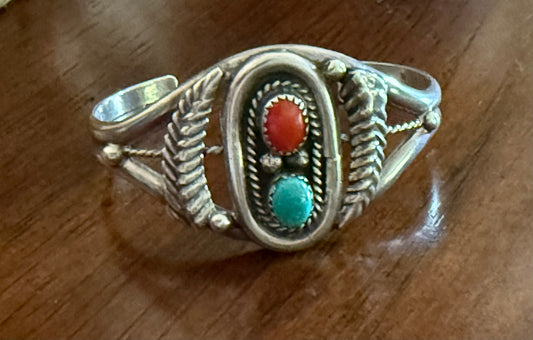 Vintage Estate Sterling Turquoise and Coral Cuff Bracelet